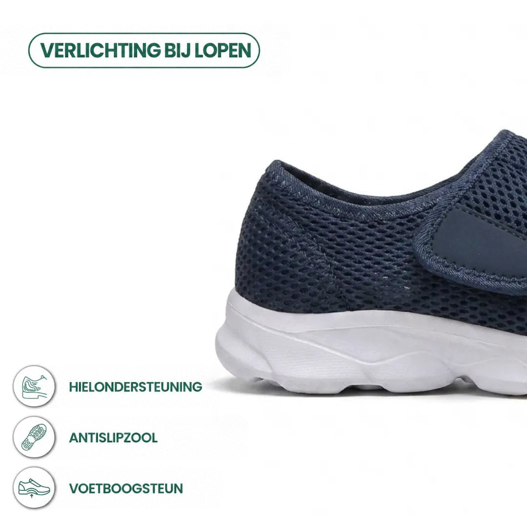 Detail van de hiel van de donkerblauwe schoen met pictogrammen voor hielsteun, antislipzool en voetboogsteun. 4