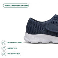 Detail van de hiel van de donkerblauwe schoen met pictogrammen voor hielsteun, antislipzool en voetboogsteun. 4