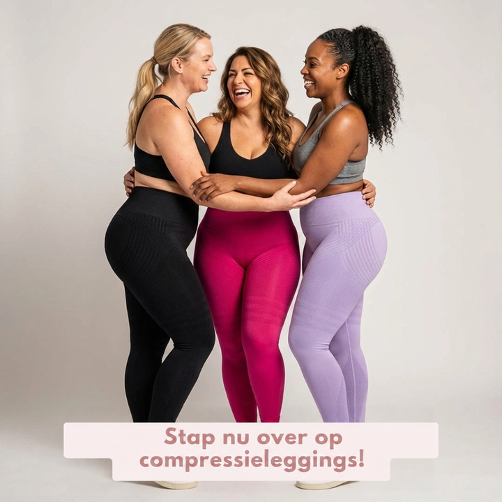 Drie lachende vrouwen die elkaar omarmen, gekleed in zwarte, roze en lila leggings met sporttops, met Duitse tekst onderaan. 20