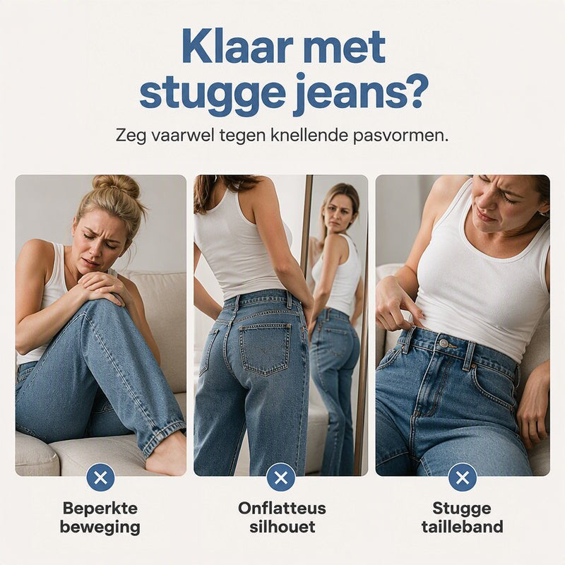 Collage van drie vrouwen in stugge, strakke jeans die ongemak tonen, als vergelijking met de soepele pasvorm van deze broek. 3