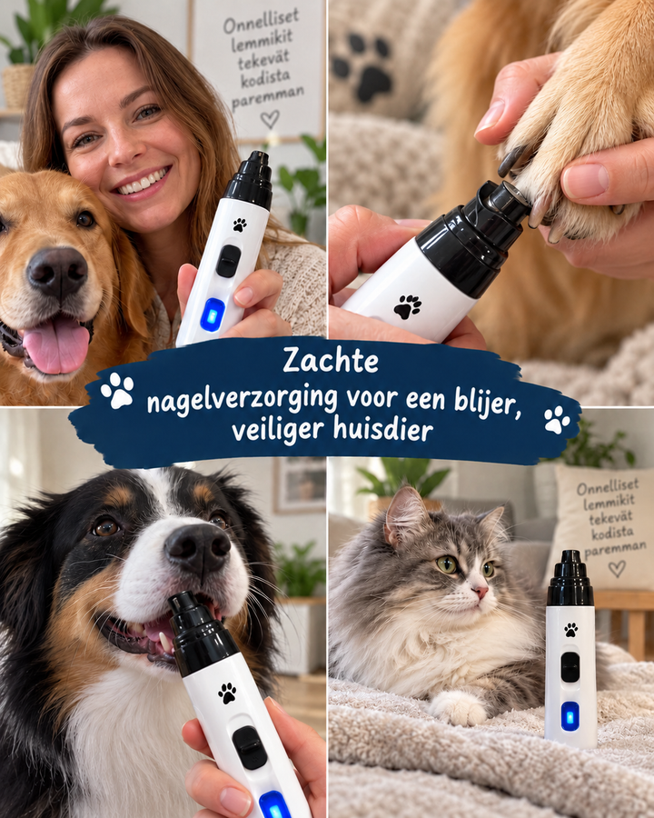 Collage met vrouw en hond, nagelvijl in gebruik bij een poot, een gevijlde hond en een kat naast de vijl met blauw lampje 13