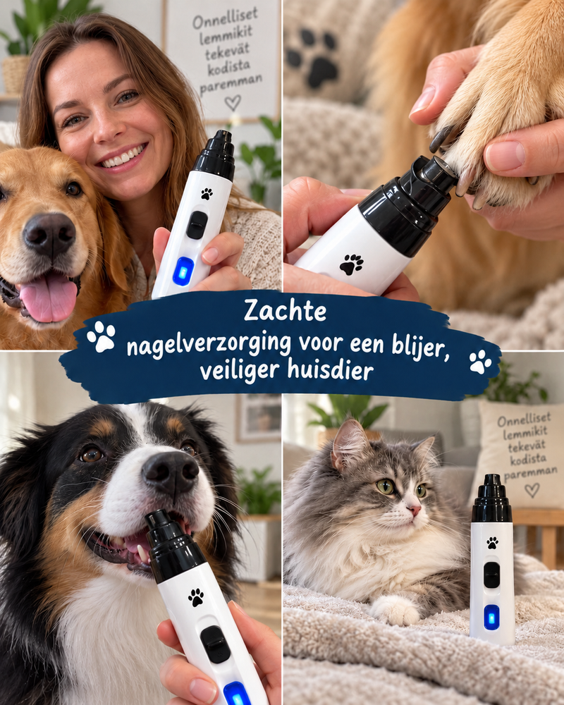 Collage met vrouw en hond, nagelvijl in gebruik bij een poot, een gevijlde hond en een kat naast de vijl met blauw lampje 13