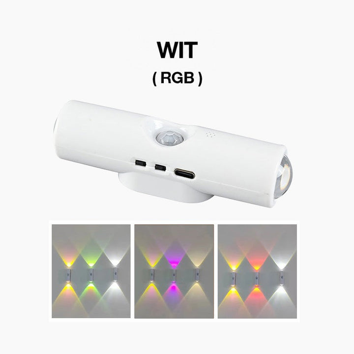 Witte wandlamp met sensor en usb-c-poort, met onderaan drie voorbeelden van meerkleurig rgb-licht op de muur 2
