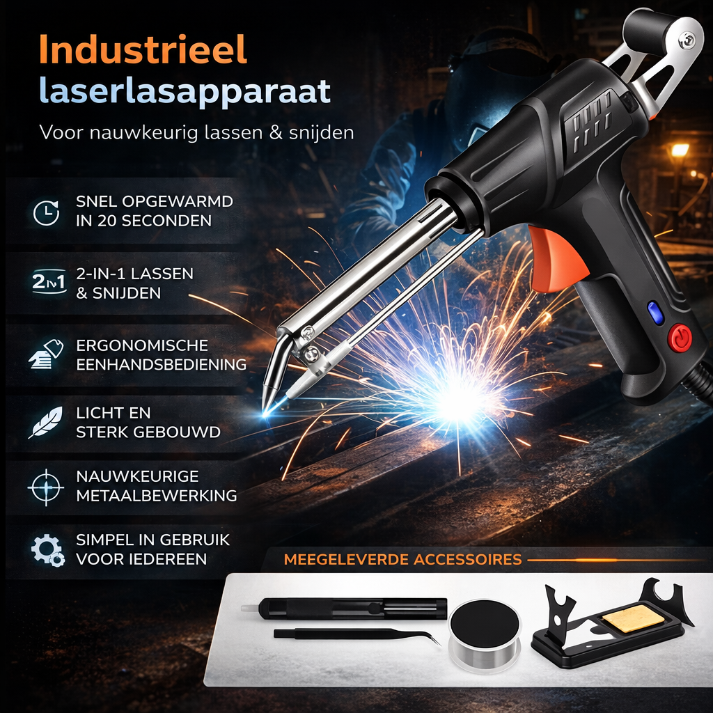 Productafbeelding met het lasgereedschap, een lijst van kenmerken in tekstblokken en onderaan de meegeleverde accessoires op een lichte plaat. 3