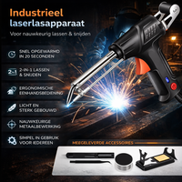 Productafbeelding met het lasgereedschap, een lijst van kenmerken in tekstblokken en onderaan de meegeleverde accessoires op een lichte plaat. 3