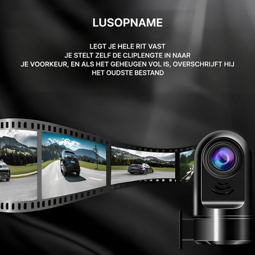 Dashcam naast een filmstrip met ritbeelden, ter illustratie van lusopname 8