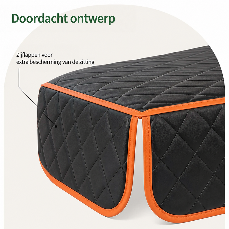 Detail van de gewatteerde zijflap met oranje bies aan de rand van de zitting, die extra bescherming biedt. 4