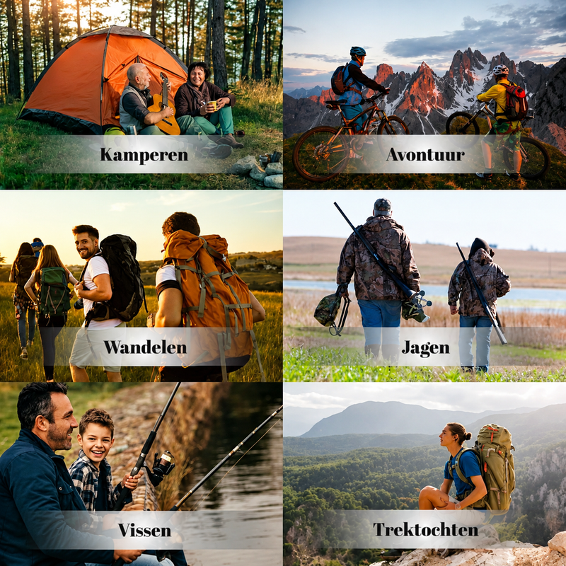 Zes fotovakken met buitenactiviteiten: kamperen, avontuur, wandelen, jagen, vissen en backpacken 7