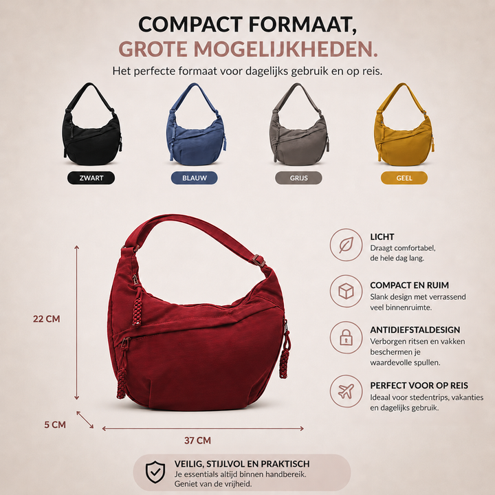 Infographic met de tas in vier kleuren, een rode tas met afmetingen in centimeters en pictogrammen met voordelen. 3