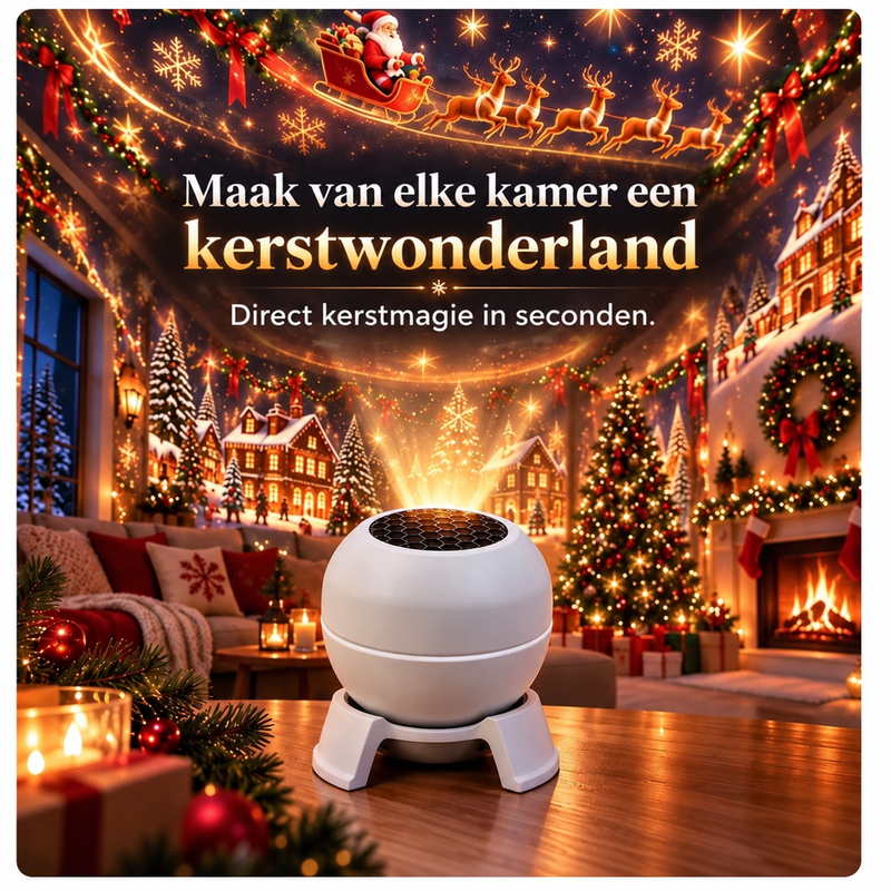 Witte projector op een houten tafel vult de hele woonkamer met een lichtgevende kerstprojectie van sneeuwdorp, slee en sterren. 2