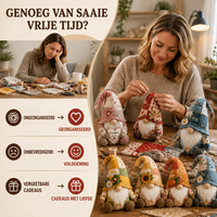 Voor-en-nakijk: verveelde vrouw met rommelige stofjes tegenover glimlachende vrouw die kabouters naait, met zes afgewerkte 2