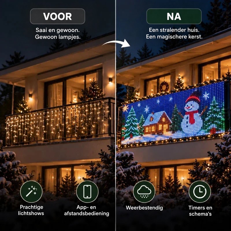 Voor-en-nadeelvergelijking van een balkon: gewone lichtsnoeren links, rechts een lichtscherm met sneeuwpop en huisje 3