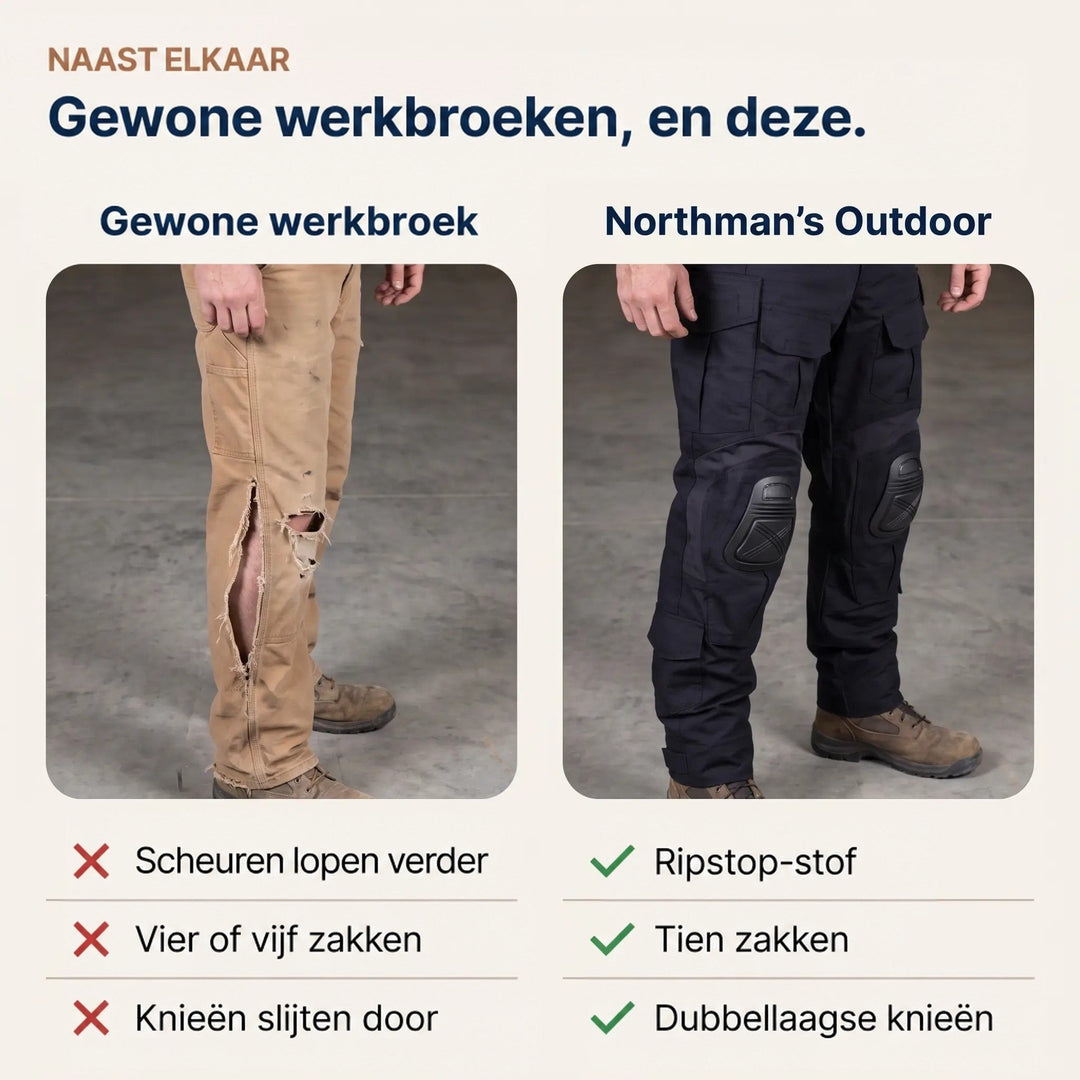 Vergelijking naast elkaar: kapotte beige werkbroek links, zwarte broek met kniekappen en meerdere zakken rechts. 6