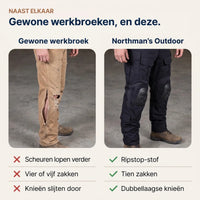 Vergelijking naast elkaar: kapotte beige werkbroek links, zwarte broek met kniekappen en meerdere zakken rechts. 6