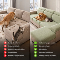 Vergelijking van een beschadigde bank met pootafdrukken en krassen naast een bank met groene hoezen, hond en kat 2