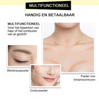Collage die laat zien dat het poeder ook bruikbaar is voor wenkbrauwen, gezichtscontouren en schaduw op het decolleté. 3