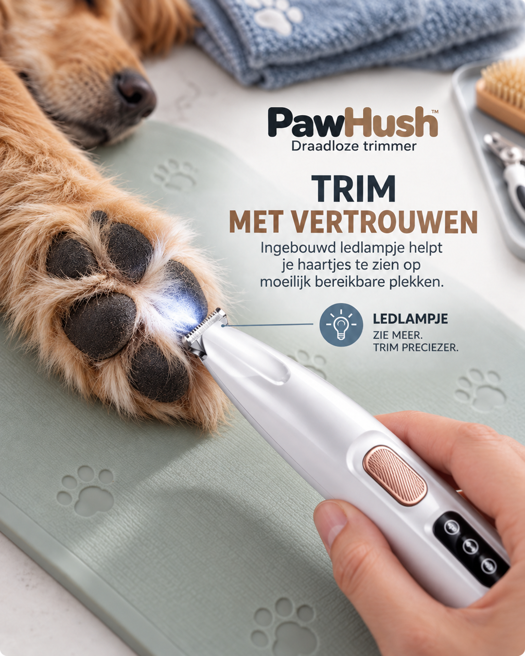 Ledlampje van de trimmer verlicht de haartjes tussen de ballen van een hondenpoot tijdens het trimmen 7