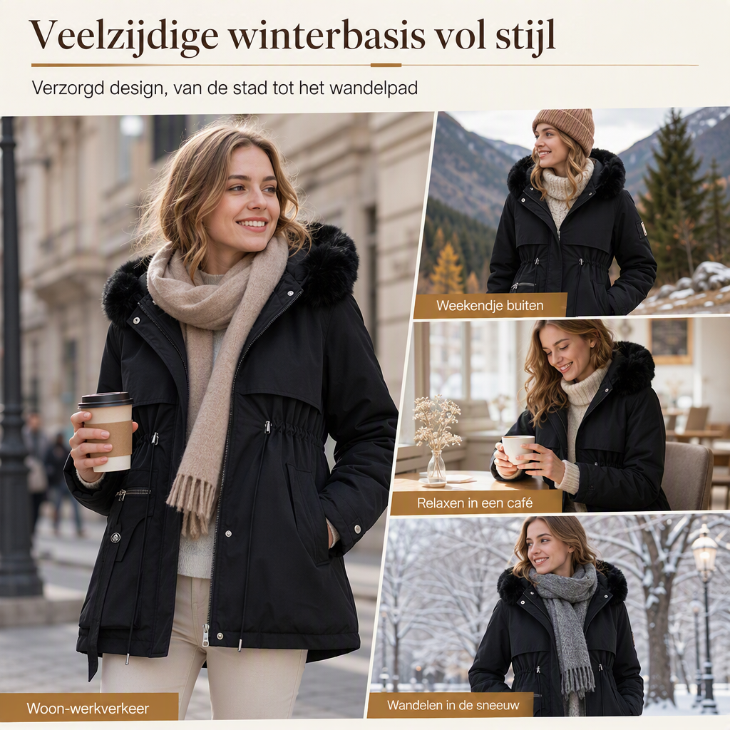 Collage van vrouwen in zwarte parka in de stad, in de bergen, in een café en in een park 7