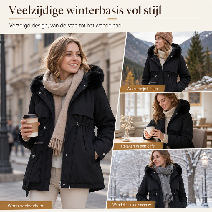 Collage van vrouwen in zwarte parka in de stad, in de bergen, in een café en in een park 7