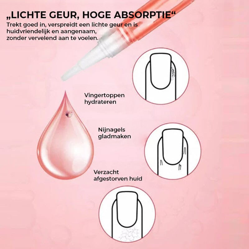 Pen met een druppel olie en drie getekende nagels die tonen hoe de olie nagelriemen verzorgt 8