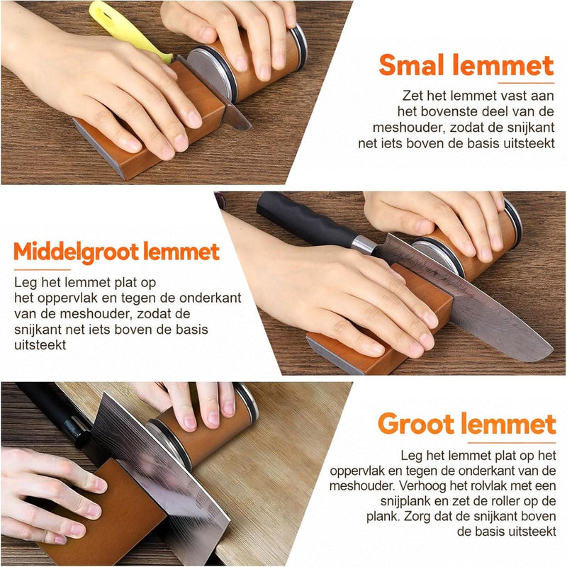 Drie opnamen laten zien hoe je smalle, middelgrote en grote messen op het hoekblok legt om te slijpen. 7