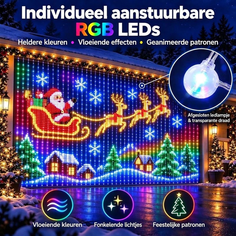 Lichtgordijn voor een garagepoort met kerstman op slee en rendieren, plus uitvergroot lampje met transparante draad 4