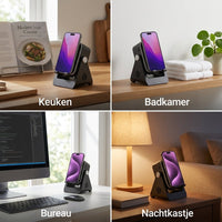 Vier opnamen van de houder met telefoon in de keuken, badkamer, op een bureau en naast het bed 6