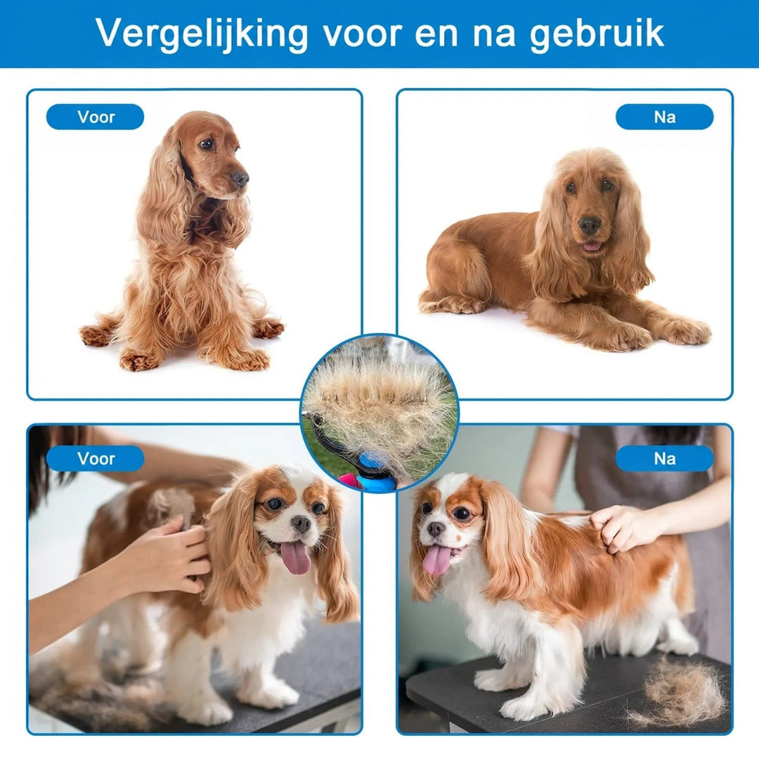 Collage voor en na het kammen van twee honden, met in het midden de kam vol losse haren. 6
