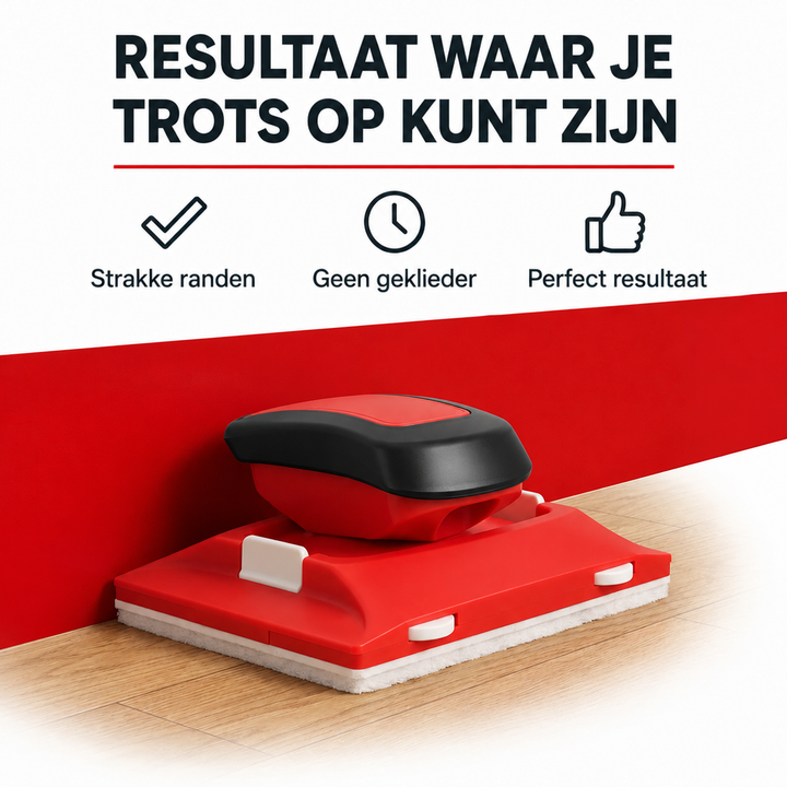 Verfgereedschap staat in de hoek tussen een rood geverfde muur en een houten vloer 2