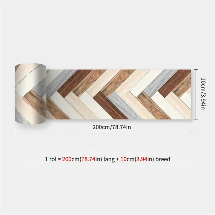 Opgerolde strook met visgraatpatroon in houtlook van wit, grijs en bruine tinten, naast de afmetingen 35