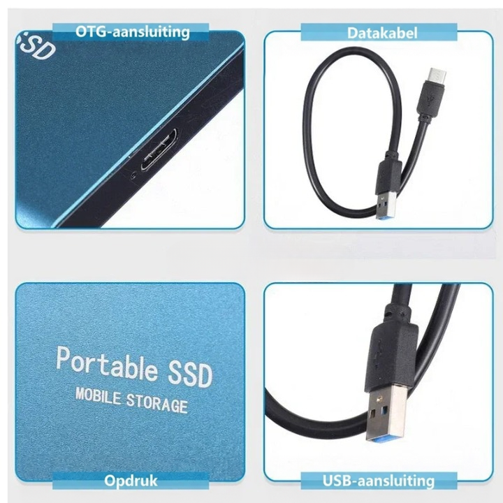 Vier detailbeelden van de blauwe SSD: aansluitpoort, bijgeleverde kabel, bedrukte behuizing en de USB-stekker. 5