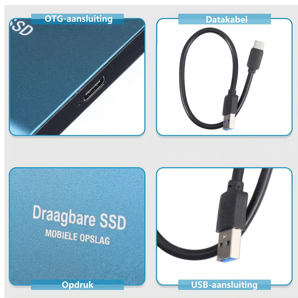 Vier detailbeelden van de blauwe SSD: aansluiting, datakabel, metalen behuizing en USB-stekker 7