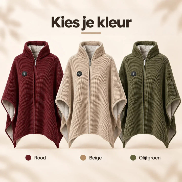 Drie dekens met rits en aan-uitknop naast elkaar in rood, beige en olijfgroen 3