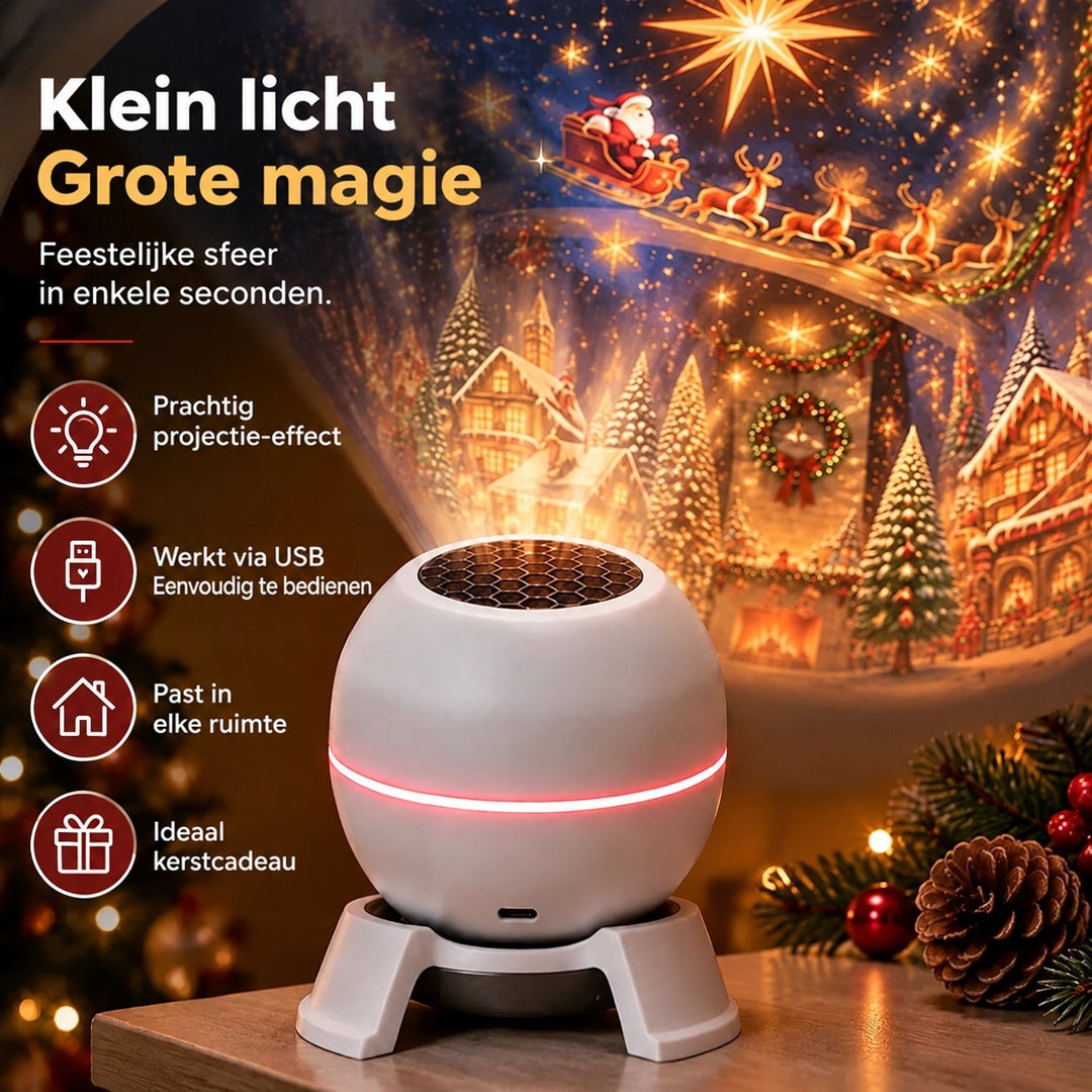 Witte bolprojector met rode lichtband op een tafel naast dennenappel, met kerstprojectie en icoontjes met voordelen 3