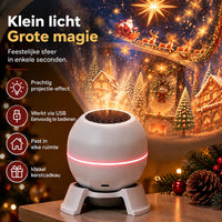 Witte bolprojector met rode lichtband op een tafel naast dennenappel, met kerstprojectie en icoontjes met voordelen 3