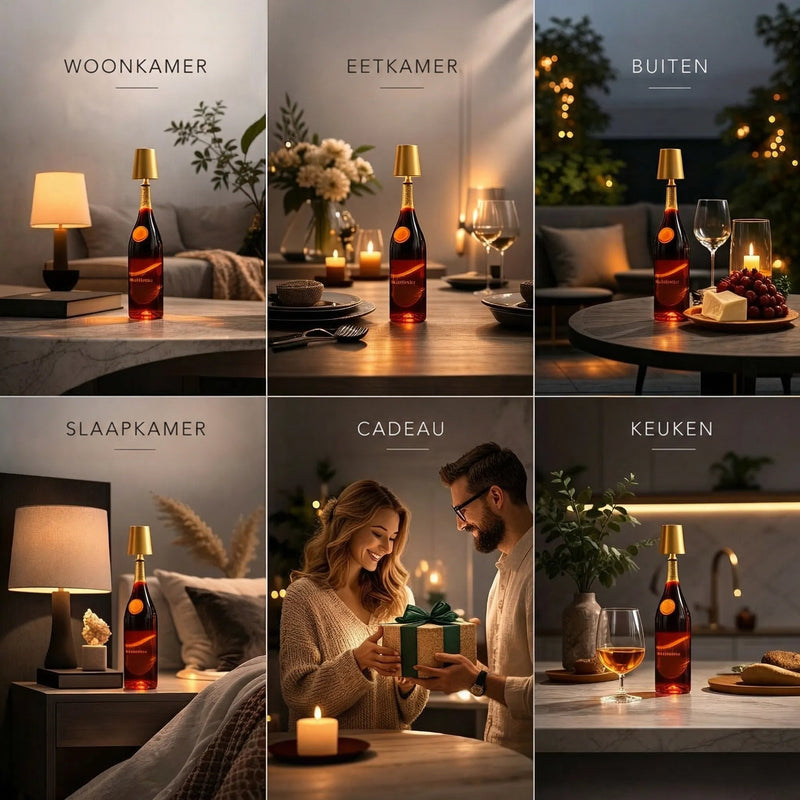 Zes sfeerbeelden van de fleslamp in woonkamer, eetkamer, buiten, slaapkamer, keuken en als cadeau 5