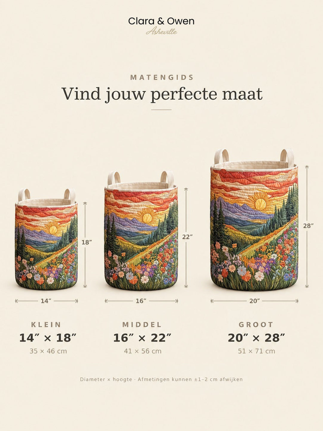 Maatoverzicht met drie manden naast elkaar, klein, middel en groot, met de afmetingen in inches en centimeters erbij. 5