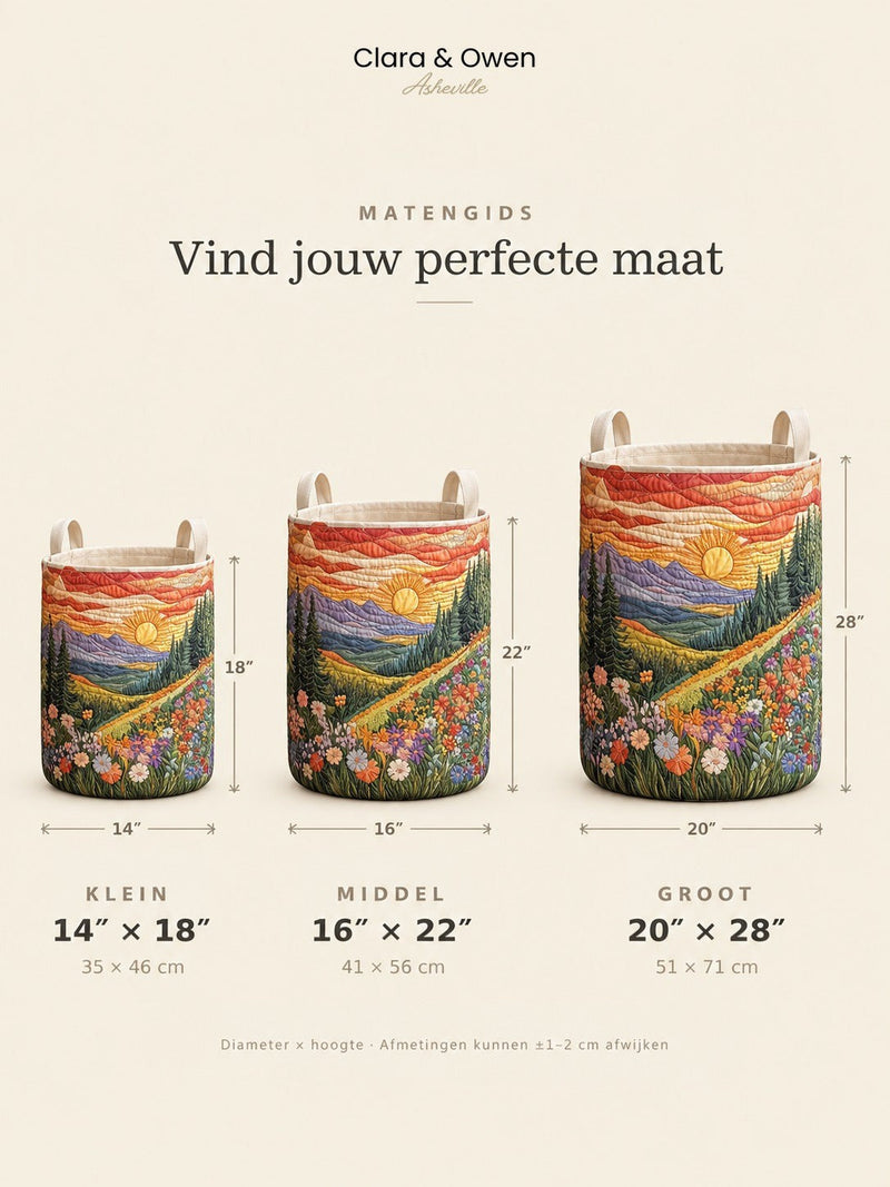 Maatoverzicht met drie manden naast elkaar, klein, middel en groot, met de afmetingen in inches en centimeters erbij. 5