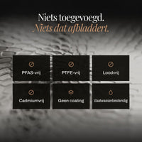 Overzicht van zes eigenschappen in zwarte vakken, zoals vrij van PFAS en PTFE, zonder coating en vaatwasserbestendig 6