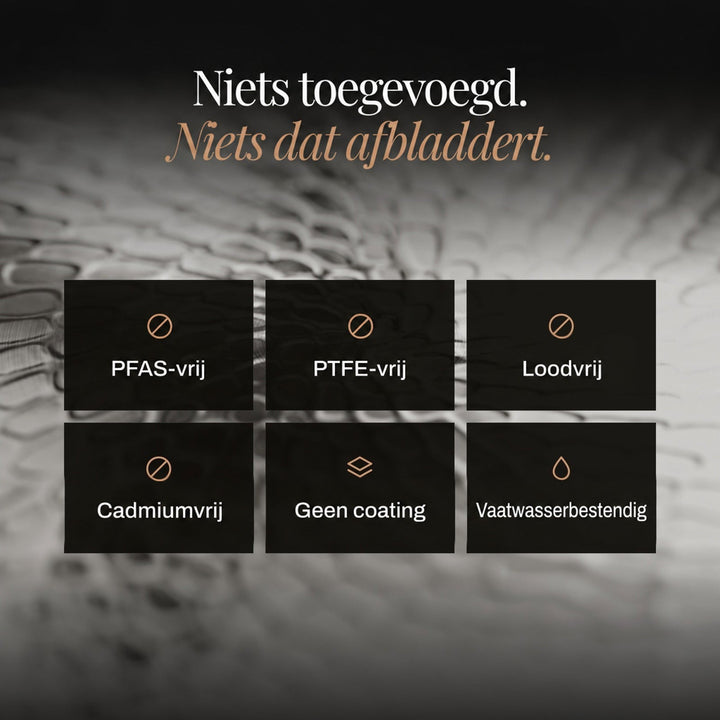 Overzicht van zes eigenschappen in zwarte vakken, zoals vrij van PFAS en PTFE, zonder coating en vaatwasserbestendig 6