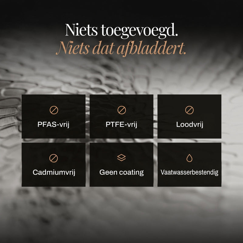 Overzicht van zes eigenschappen in zwarte vakken, zoals vrij van PFAS en PTFE, zonder coating en vaatwasserbestendig 6