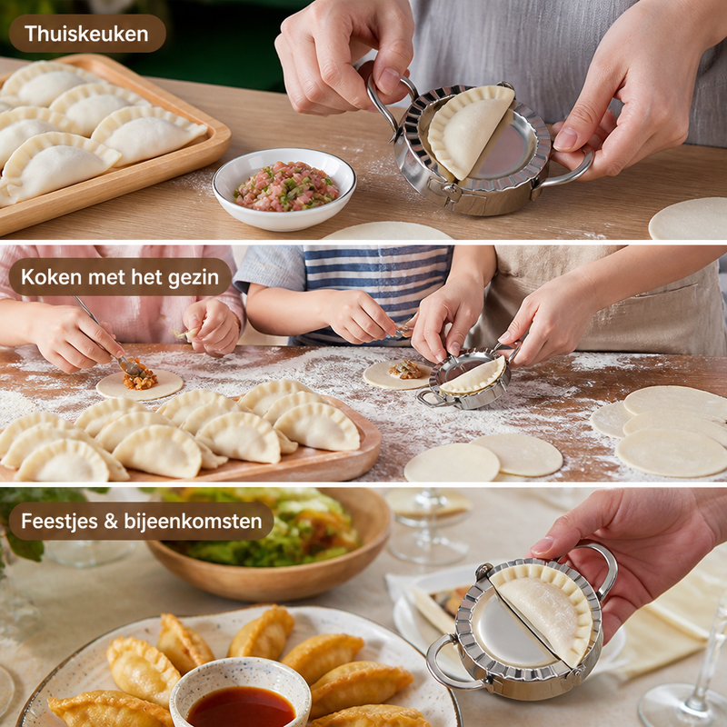 Drie situaties met het vormpje: handen die dumplings vormen in de keuken, een gezin dat samen kookt en gebakken dumplings met saus. 5