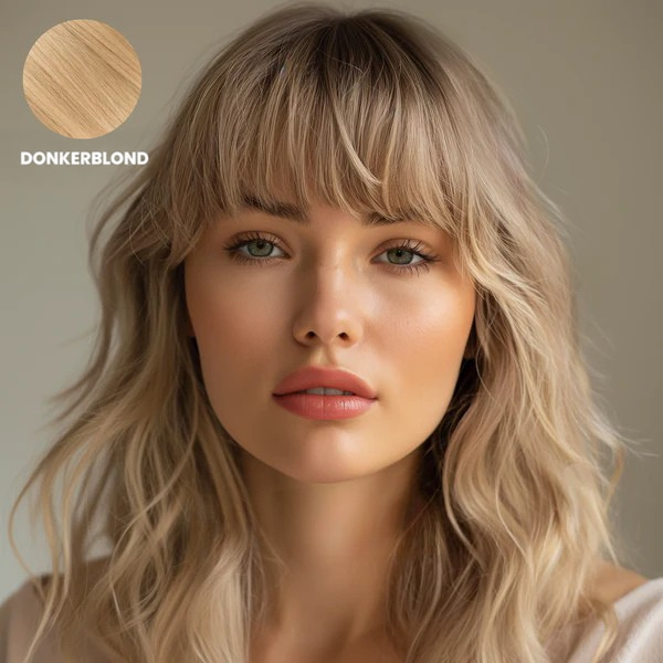 Vrouw met pony en golvend vuilblond haar, met kleurstaaltje van de tint linksboven 1