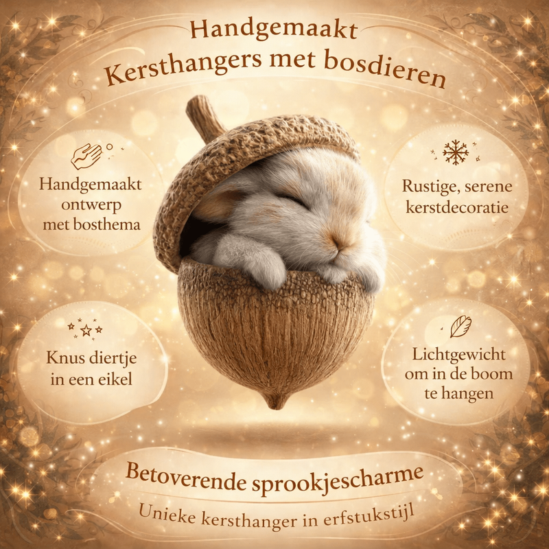 Productafbeelding met konijntje in een eikel, omringd door korte voordelen en glinsterende decoratie 7