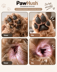 Voor-en-nabeelden van pootzolen en een oor van een hond, na het trimmen zichtbaar verzorgder 5