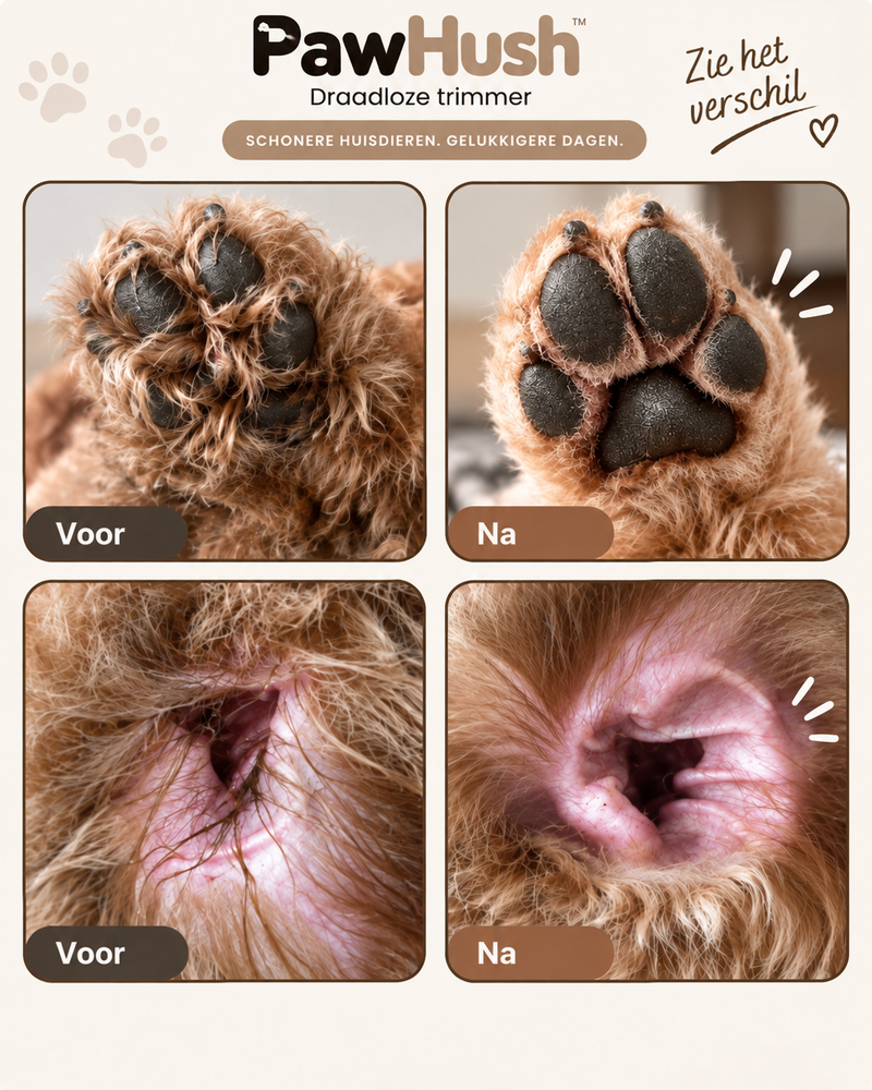 Voor-en-nabeelden van pootzolen en een oor van een hond, na het trimmen zichtbaar verzorgder 5