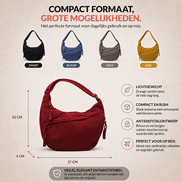 Overzicht van de bordeauxrode tas met afmetingen en vier andere kleuren: zwart, blauw, grijs en geel, plus kenmerken met pictogrammen. 3