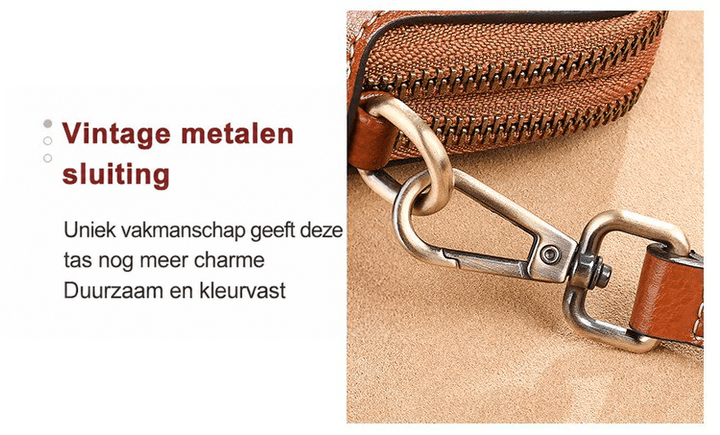 Close-up van de metalen karabijnhaak en ring waarmee de band aan de tas vastzit 15