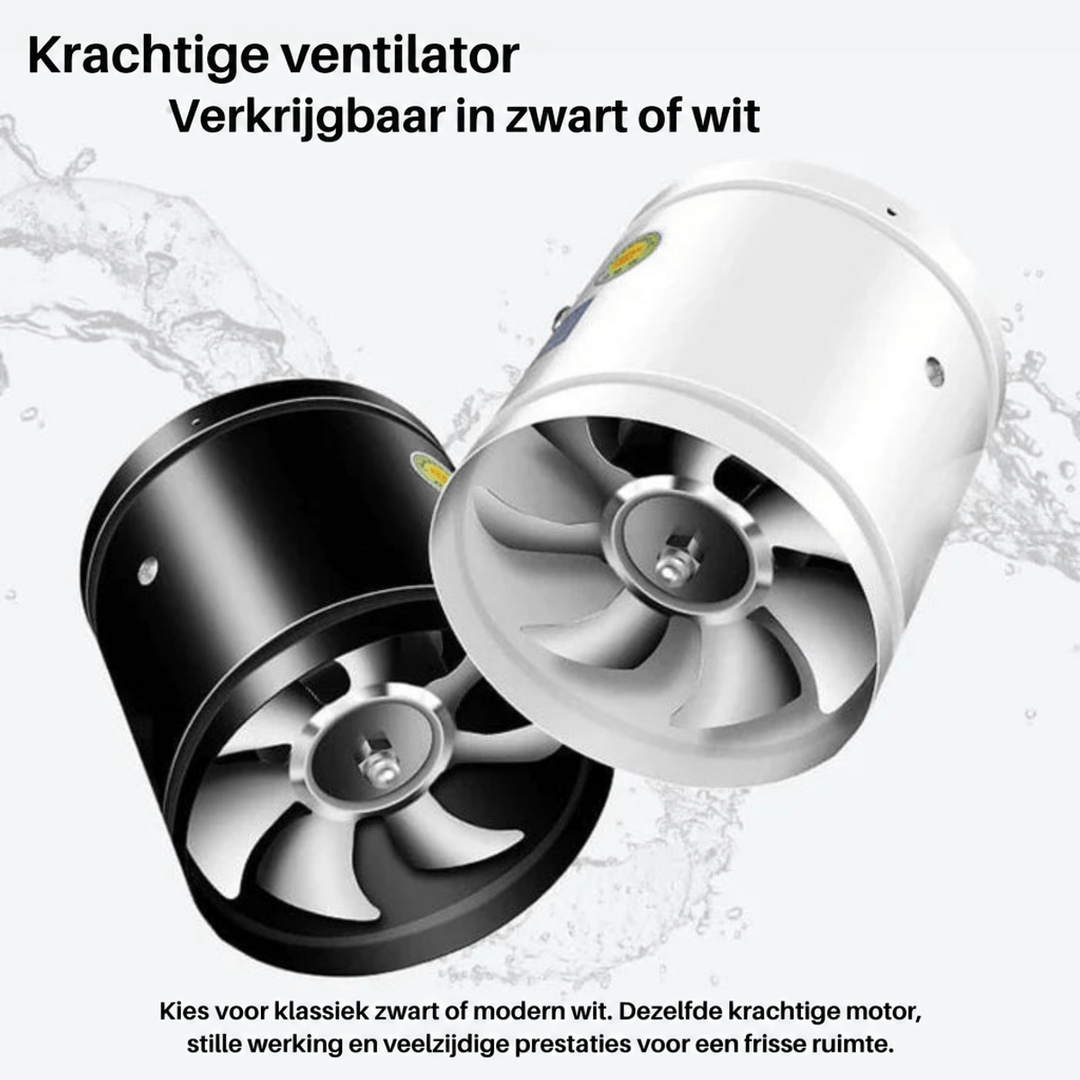 Twee ventilatoren naast elkaar, een zwarte en een witte, tegen een achtergrond met waterspetters 5