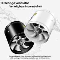 Twee ventilatoren naast elkaar, een zwarte en een witte, tegen een achtergrond met waterspetters 5